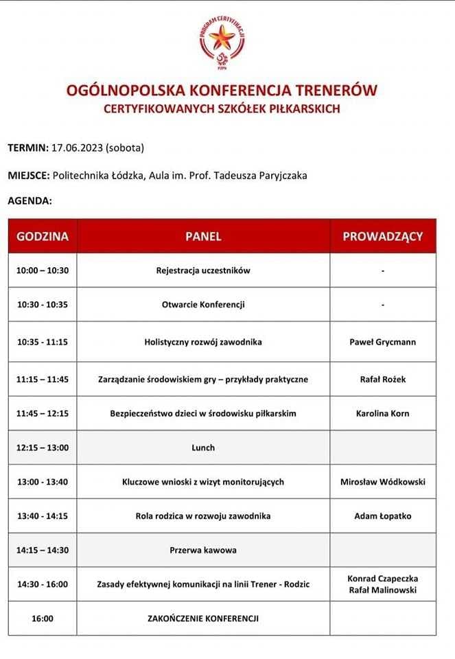 KONFERENCJA TRENERÓW CERTYFIKOWANYCH SZKÓŁEK PIŁKARSKICH