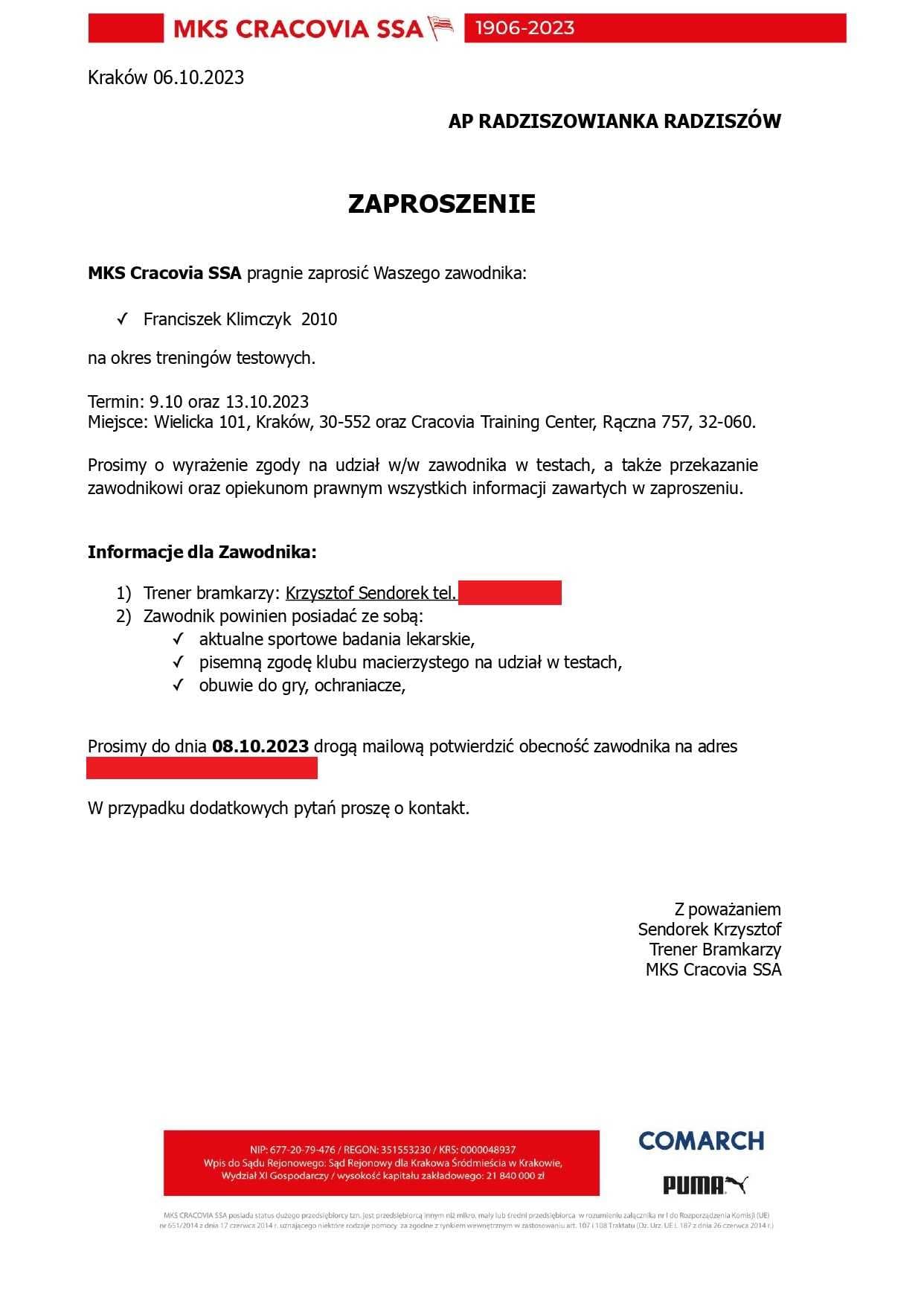 Franek na testach w Cracovii